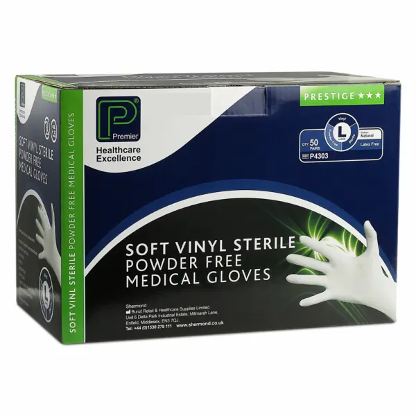 Prestige Sterile Soft Vinyl PF Exam Gloves x 50 Pairs-L