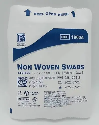 Premier Non Woven Swabs Sterile 7.5cm x 7.5cm 4ply - 40 packs of 5