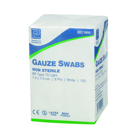 Premier Gauze Swabs N/S 7.5cm x 7.5cm 8ply x 100