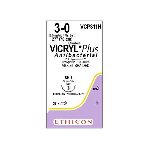 Coated Vicryl Plus 3/0 Violet 22mm 1/2 Taperpoint Needle x36