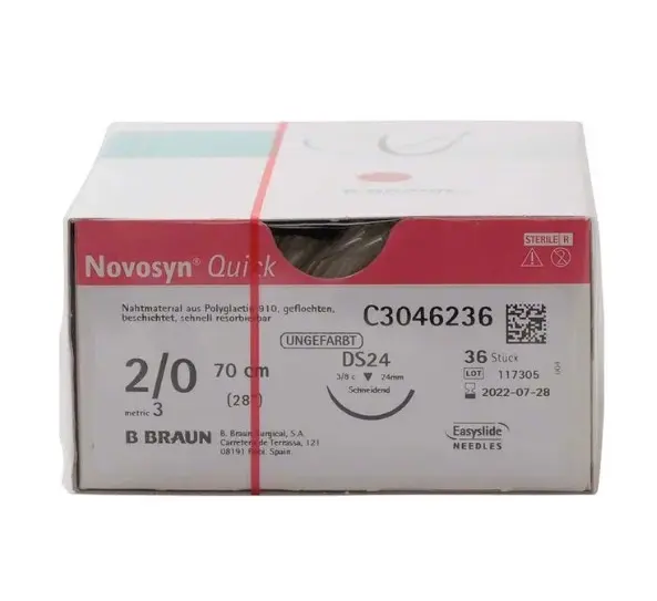 BBraun Novosyn Quick Sutures | 24mm Needle, 70cm Length, Undyed, 2/0 Gauge x 36