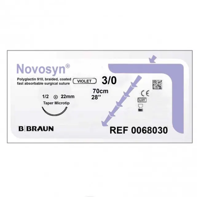 BBraun Novosyn Violet B.Braun No 3/0 Round bodied needle 22mm, 1/2c, 70cm length x 36