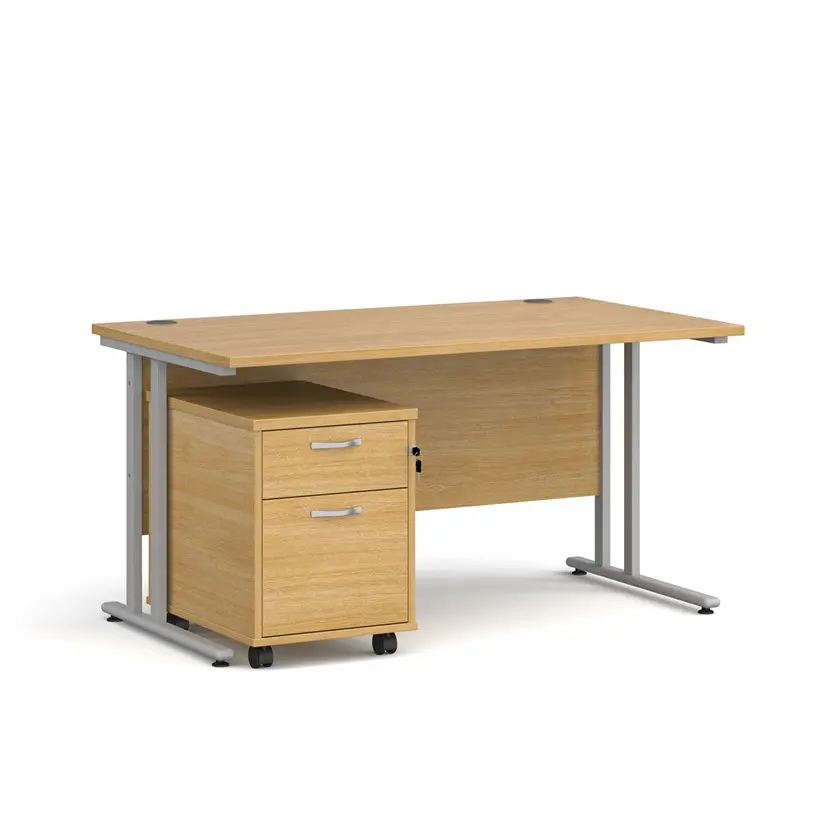 Maestro 25 Silver Leg straight desk 1400mm x 800mm with silver cantilever frame and 3 drawer pedestal - Oak