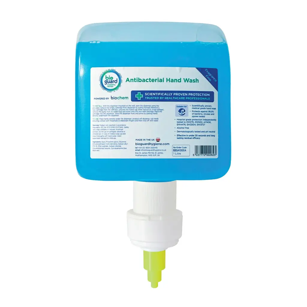Bioguard Antibacterial Hand Wash Aqua Blue 1ltr Cartridge x 6