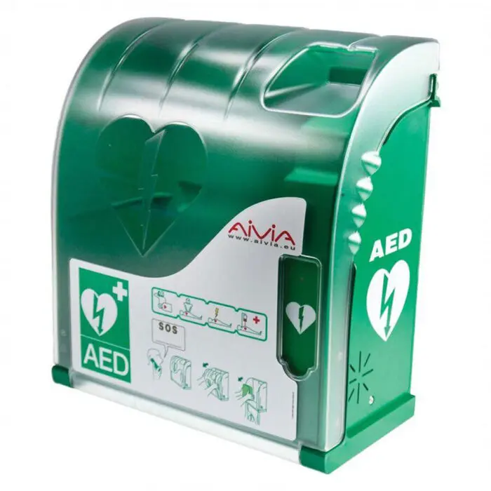 Indoor Polycarbon Defib Cabinet (green) with Alarm: Audible & Visual (includes batteries)            
