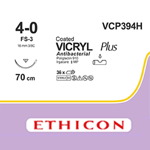 [MDVCP394H] Coated Vicryl Plus 4-0 Violet 70cm 16mm 3/8 Rev Cutting x36