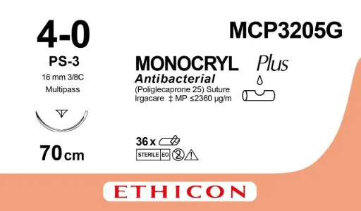 [MDW3205] Monocryl 3/8 circle rev. cutting P 16mm, 70cm (4/0) x 12