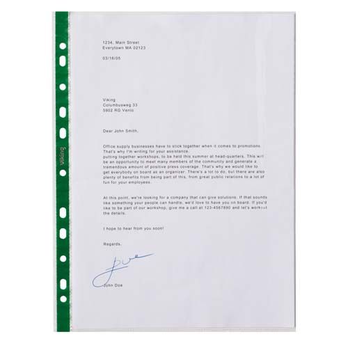 [SP00236] Punched Pkt Wallet A4 Glass Clear Top-Open Green Strip x100