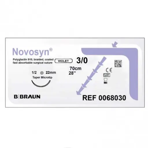 [MDB48030] BBraun Novosyn Violet B.Braun No 3/0 Round bodied needle 22mm, 1/2c, 70cm length x 36